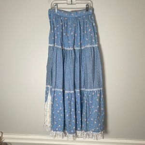 Vintage Eber Blue Floral Lace Western Maxi Skirt Small